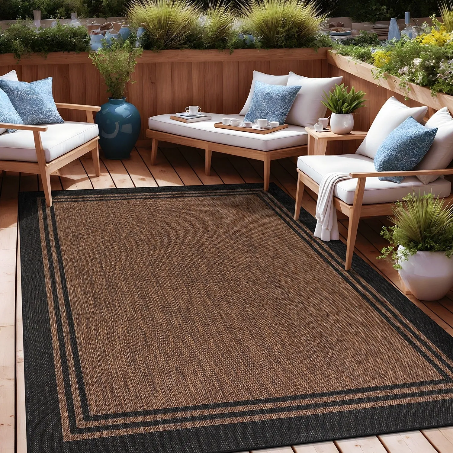 Washable Bordered Indoor Outdoor Rug for Patio. Deck. Porch
