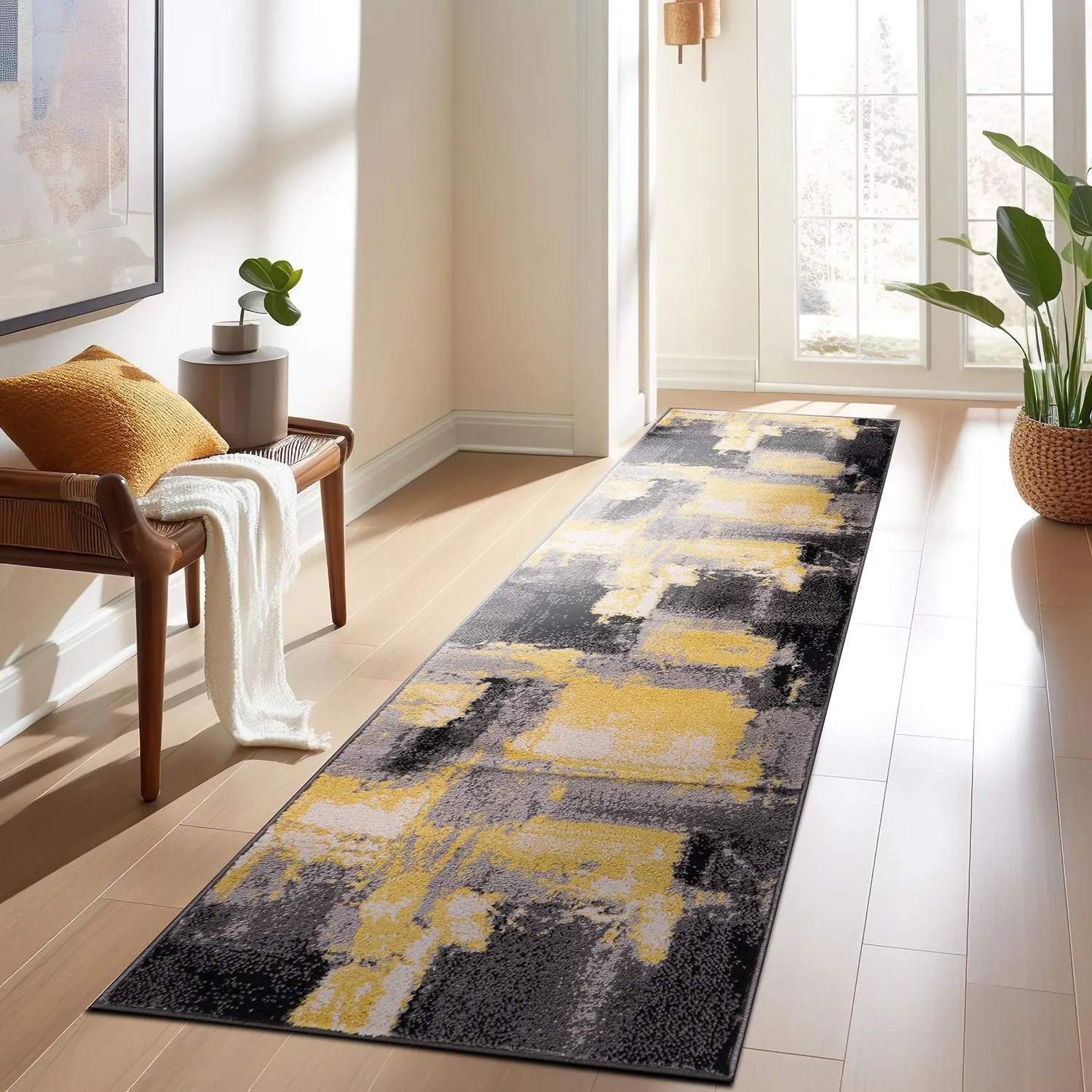 World Rug Gallery Contemporary Abstract Watercolor Yellow Area Rug