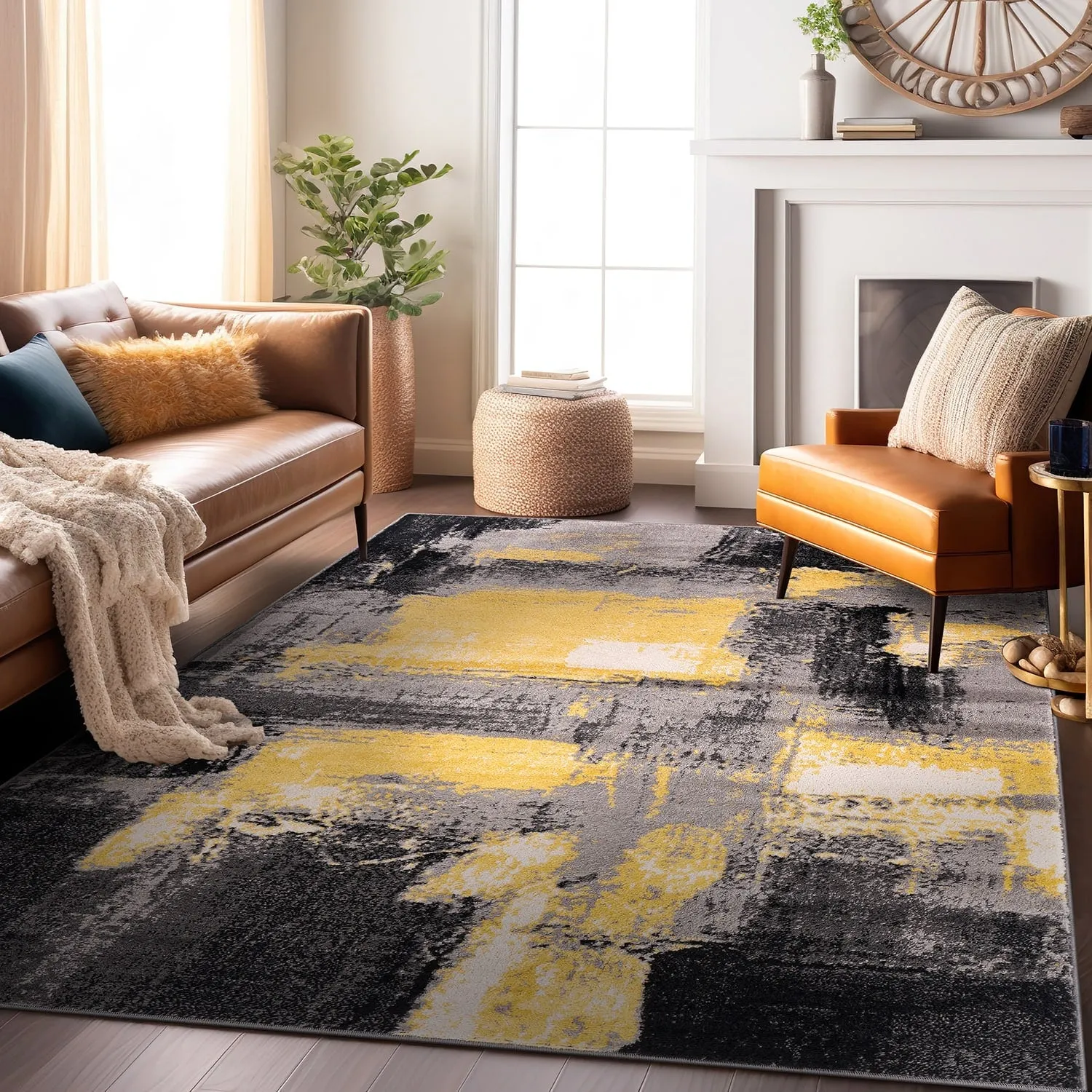 World Rug Gallery Contemporary Abstract Watercolor Yellow Area Rug