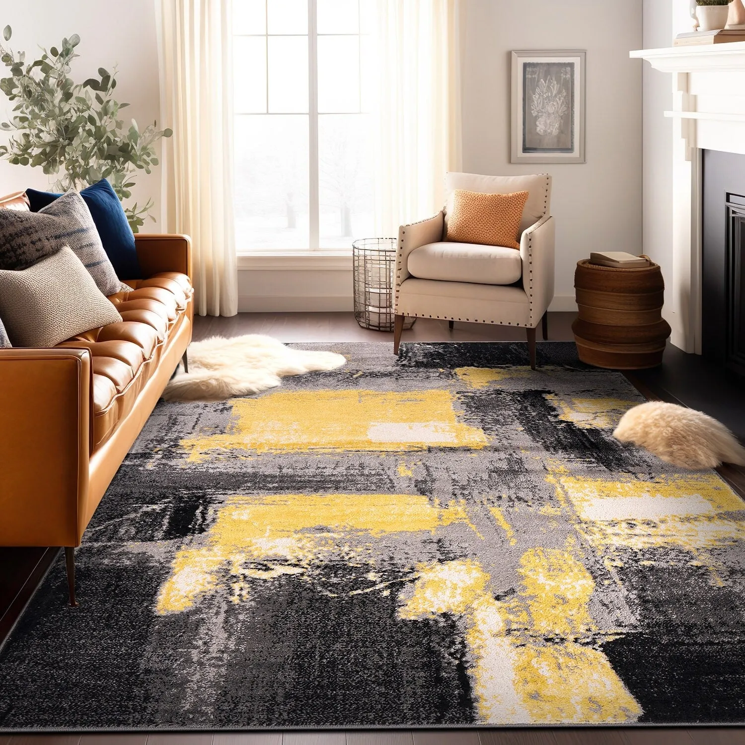 World Rug Gallery Contemporary Abstract Watercolor Yellow Area Rug