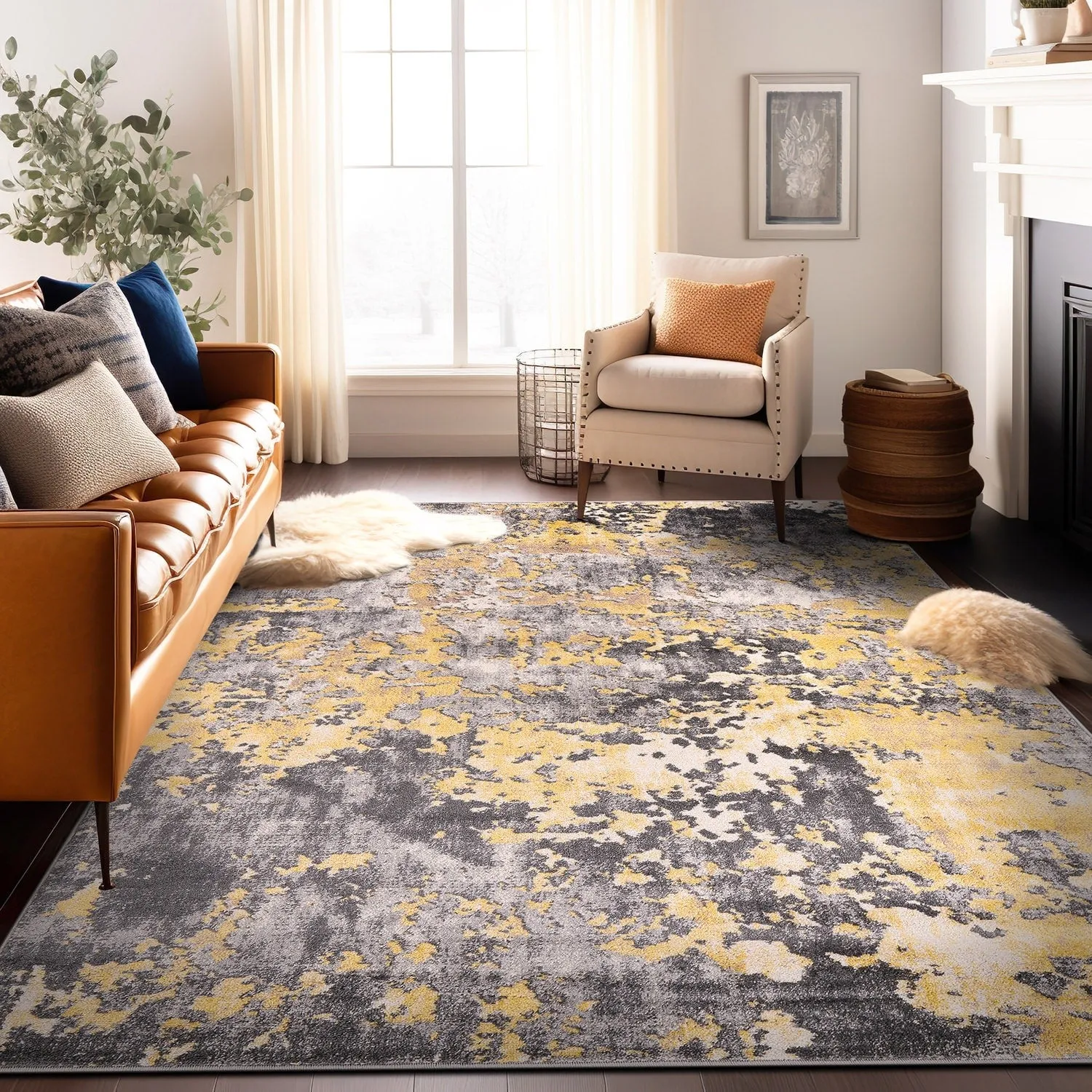 World Rug Gallery Distressed Abstract Watercolor Yellow Area Rug