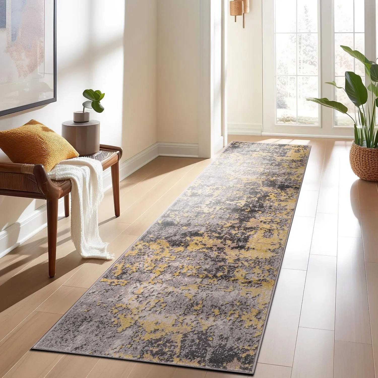 World Rug Gallery Distressed Abstract Watercolor Yellow Area Rug