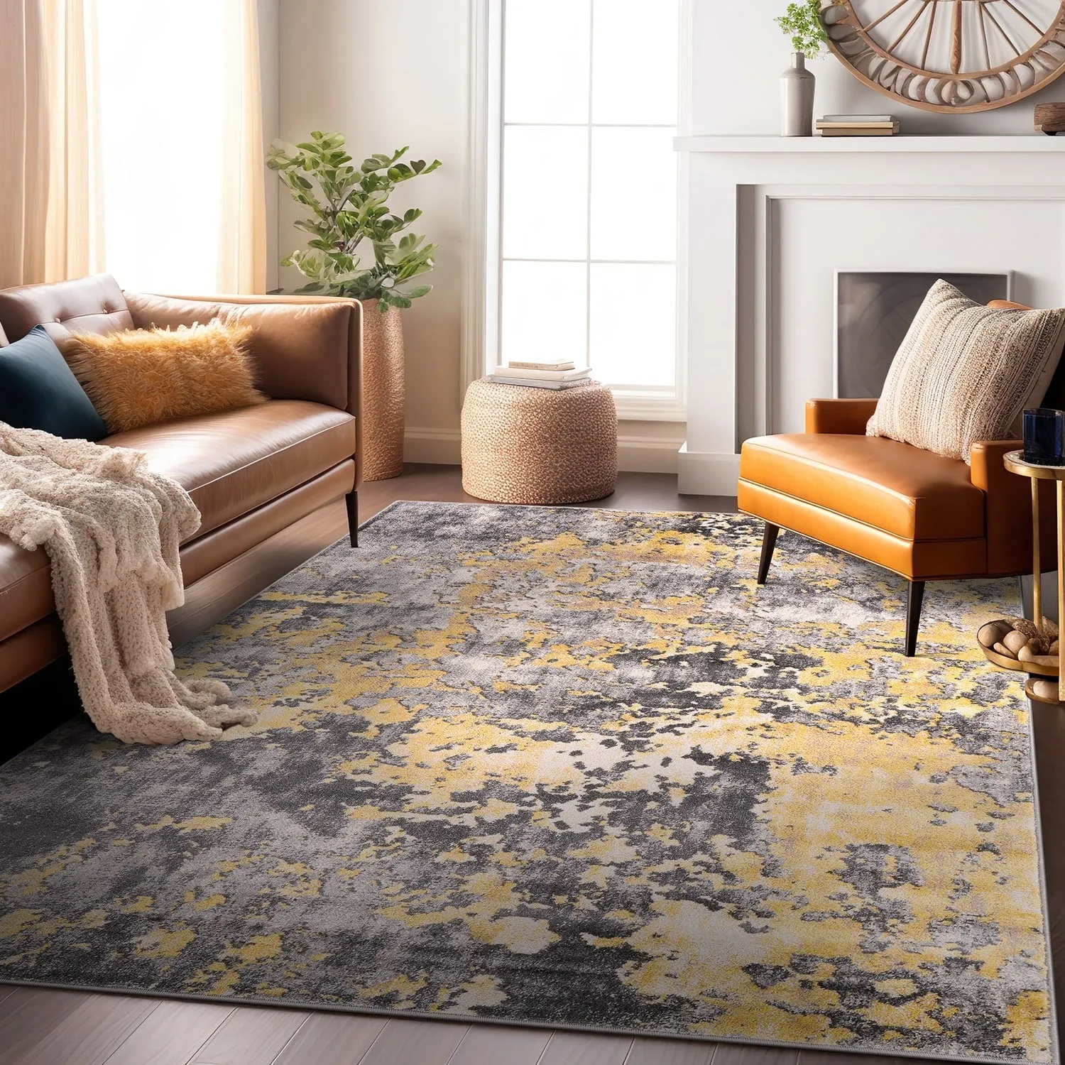 World Rug Gallery Distressed Abstract Watercolor Yellow Area Rug