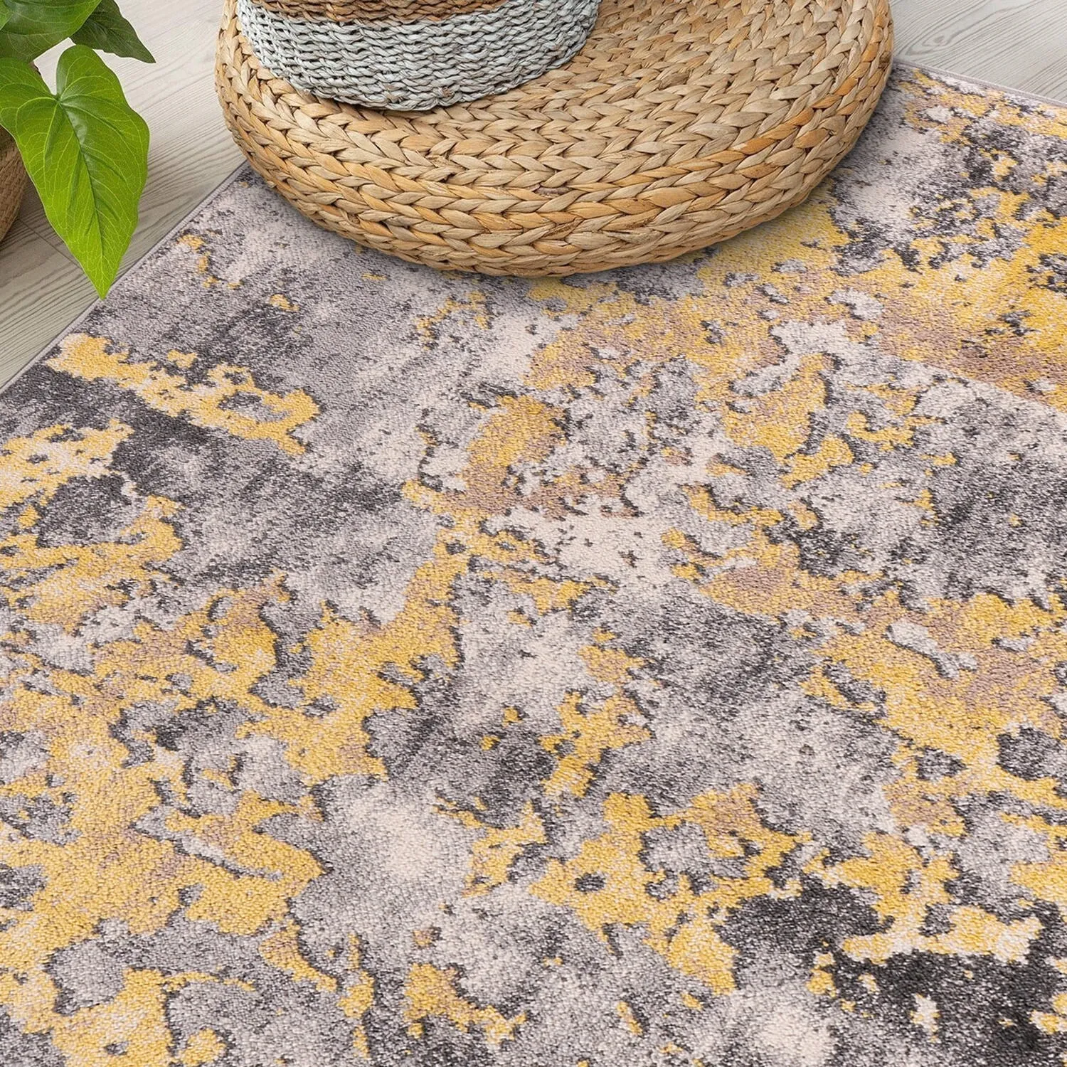 World Rug Gallery Distressed Abstract Watercolor Yellow Area Rug