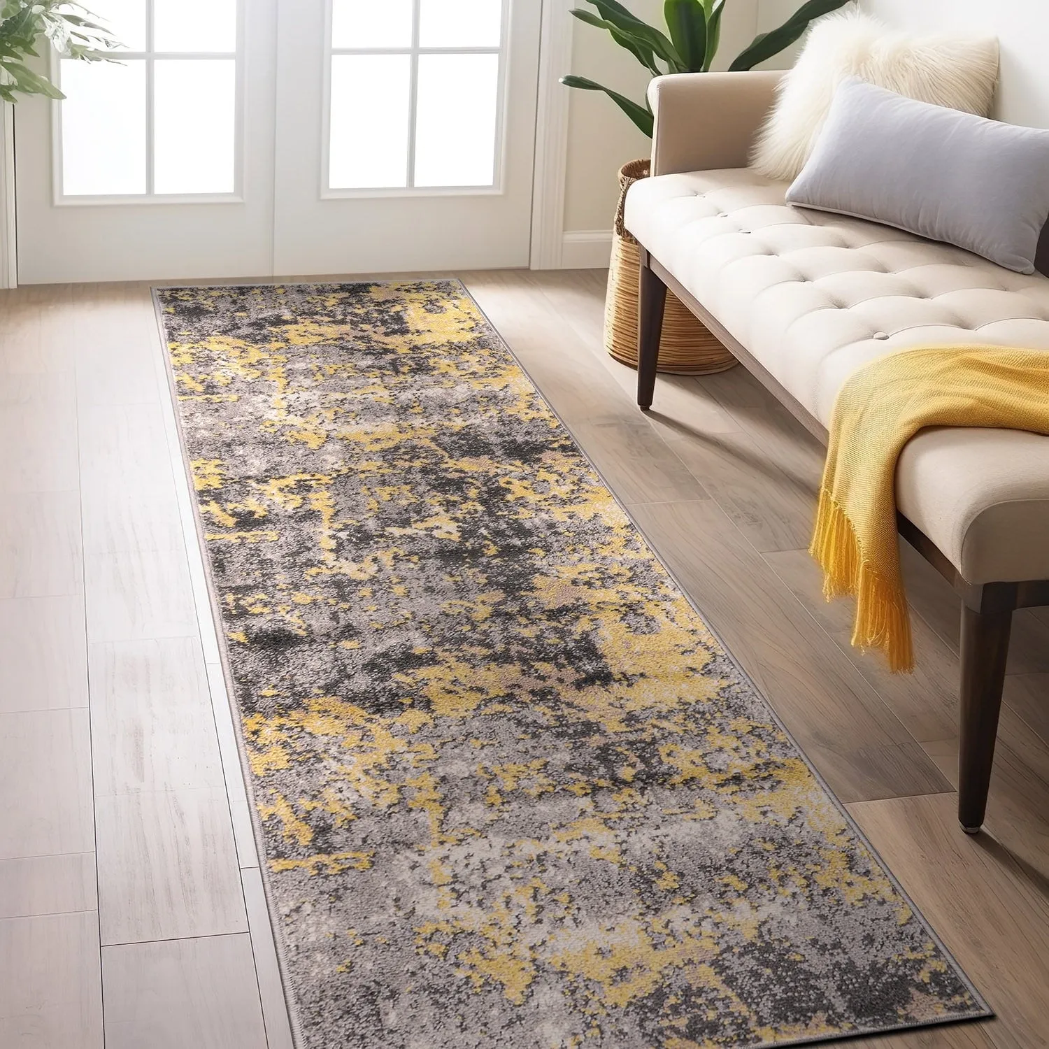 World Rug Gallery Distressed Abstract Watercolor Yellow Area Rug
