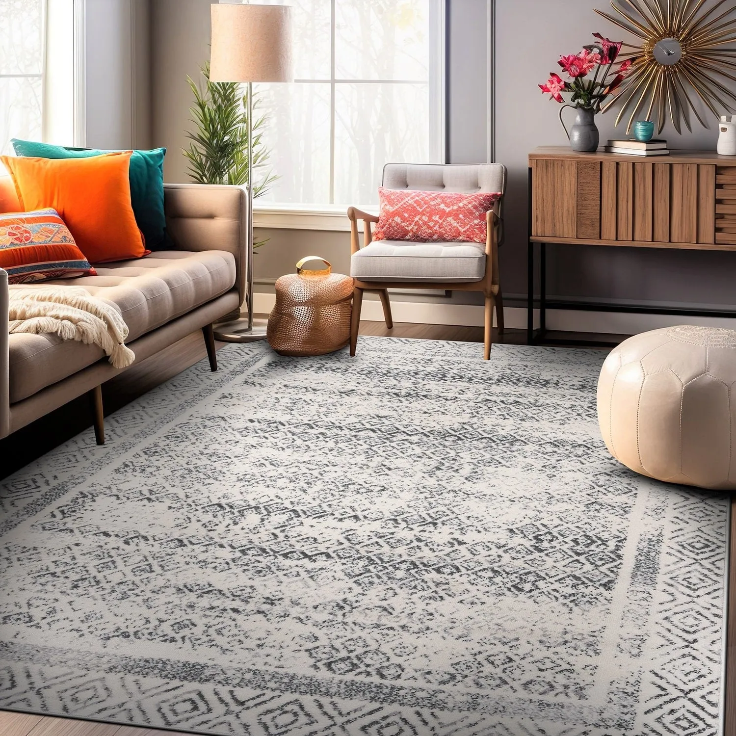 World Rug Gallery Distressed Bohemian Border Area Rug
