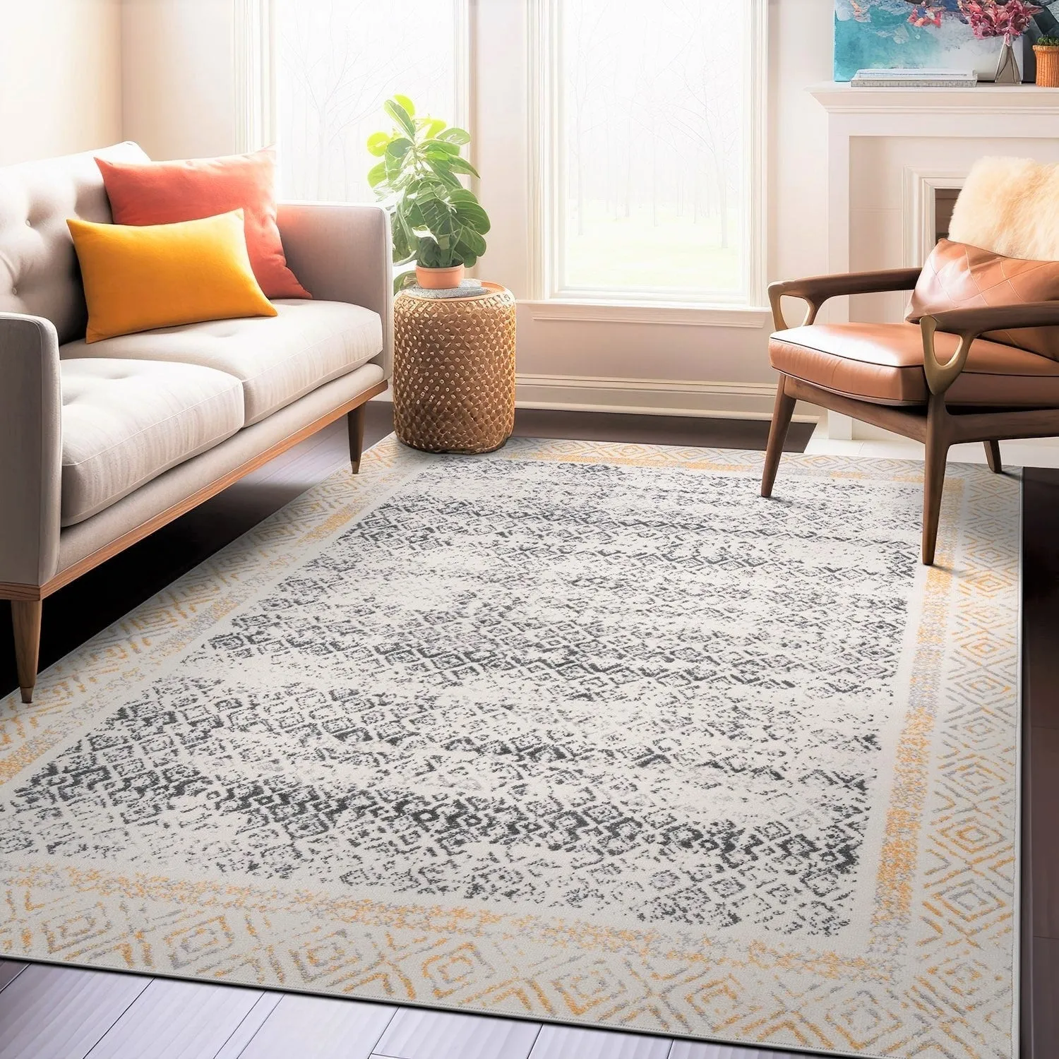 World Rug Gallery Distressed Bohemian Border Area Rug