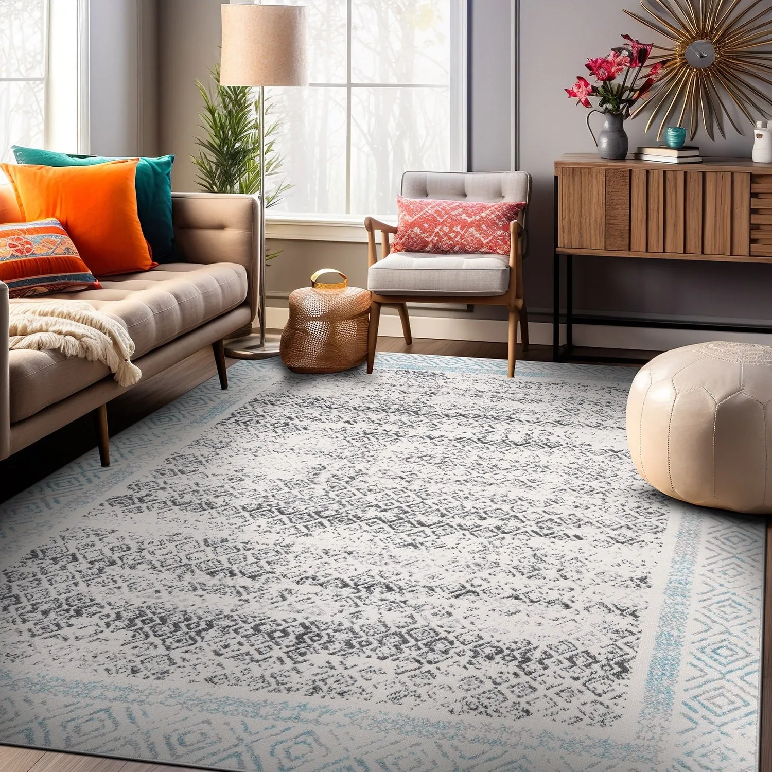 World Rug Gallery Distressed Bohemian Border Area Rug