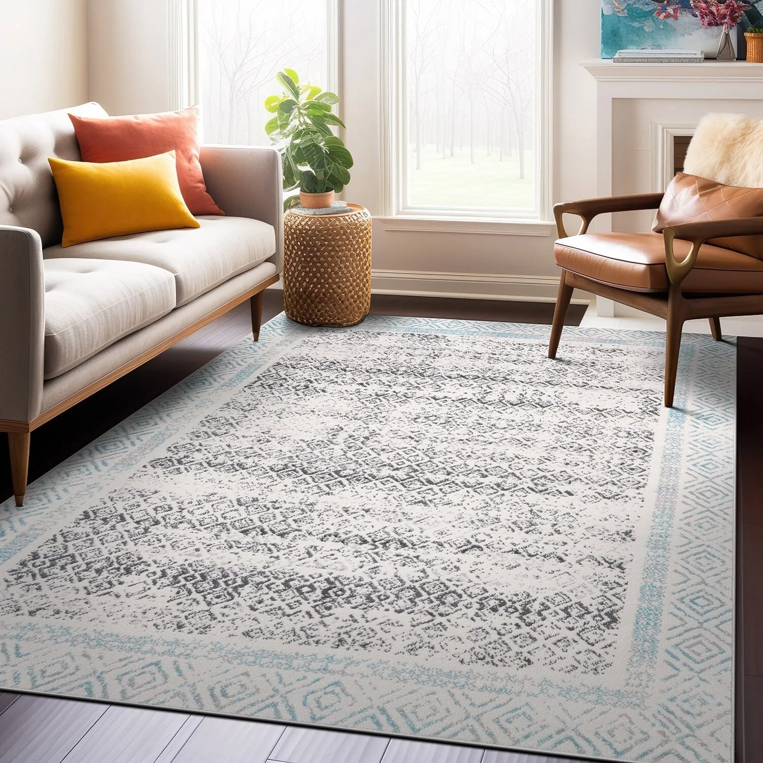 World Rug Gallery Distressed Bohemian Border Area Rug