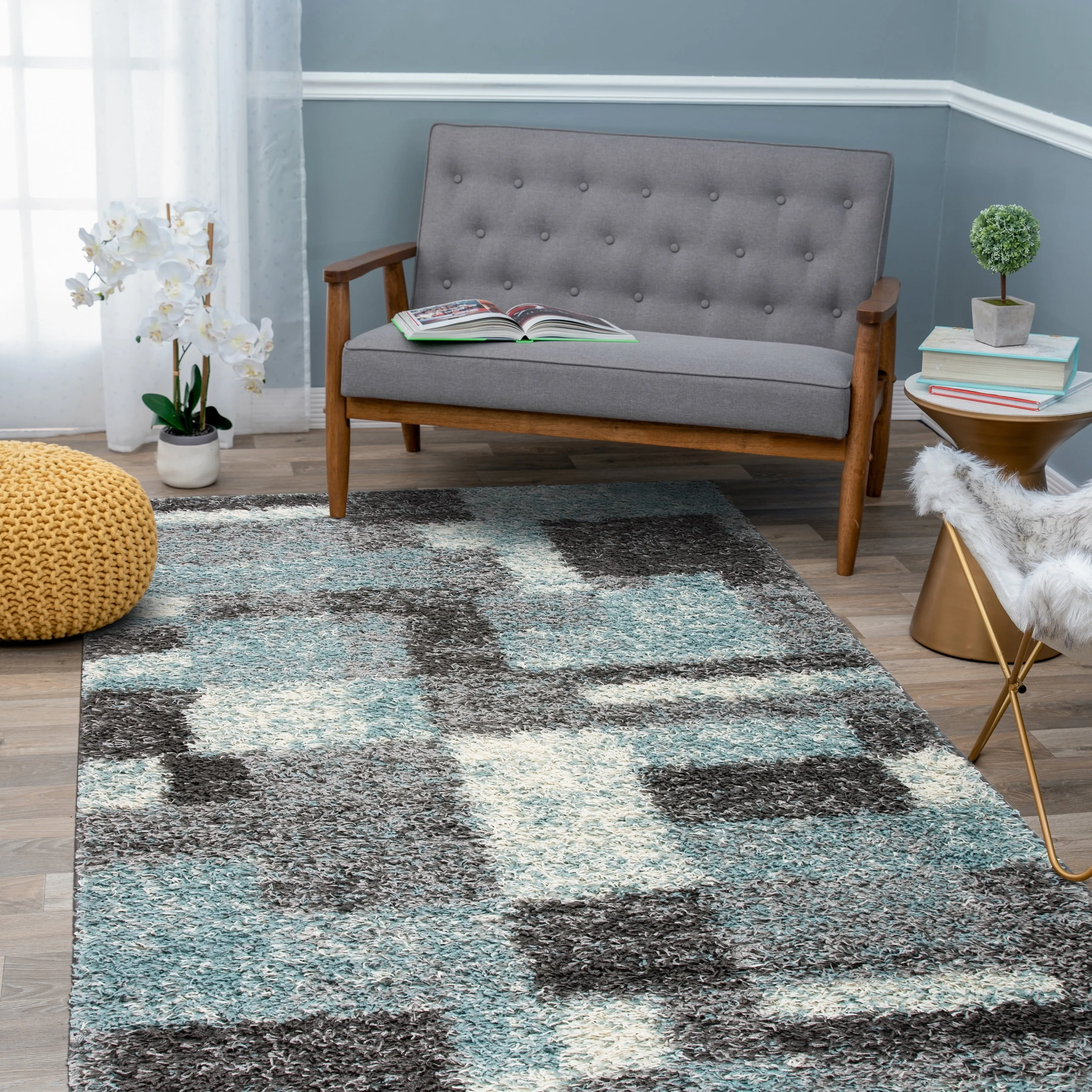 World Rug Gallery Distressed Modern Boxes Plush Shag Area Rug