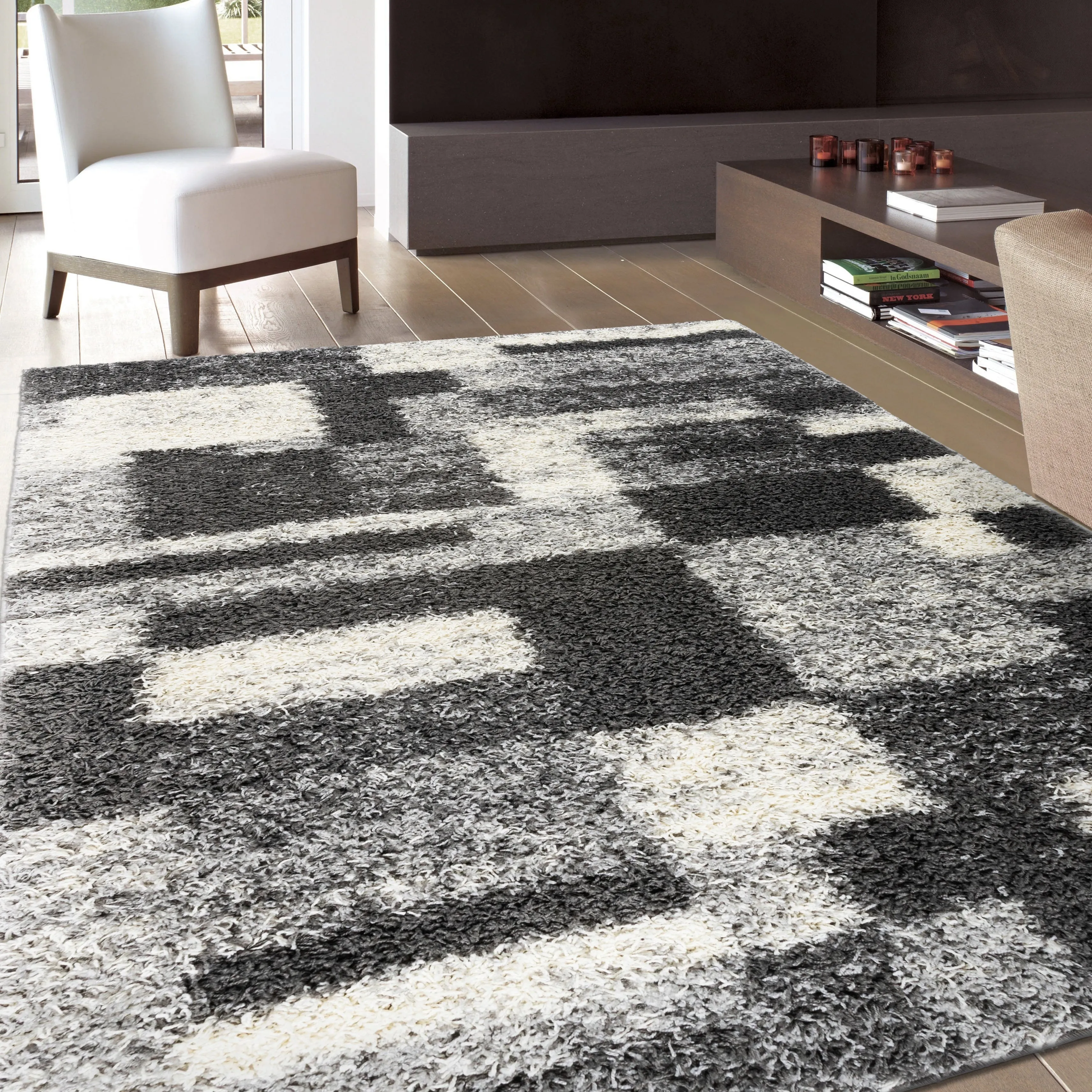 World Rug Gallery Distressed Modern Boxes Plush Shag Area Rug