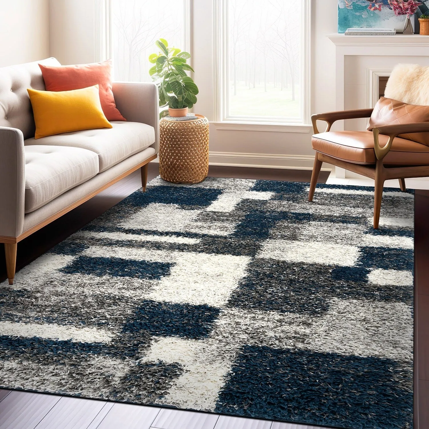 World Rug Gallery Distressed Modern Boxes Plush Shag Area Rug