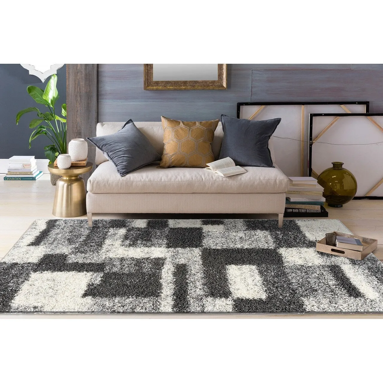 World Rug Gallery Distressed Modern Boxes Plush Shag Area Rug