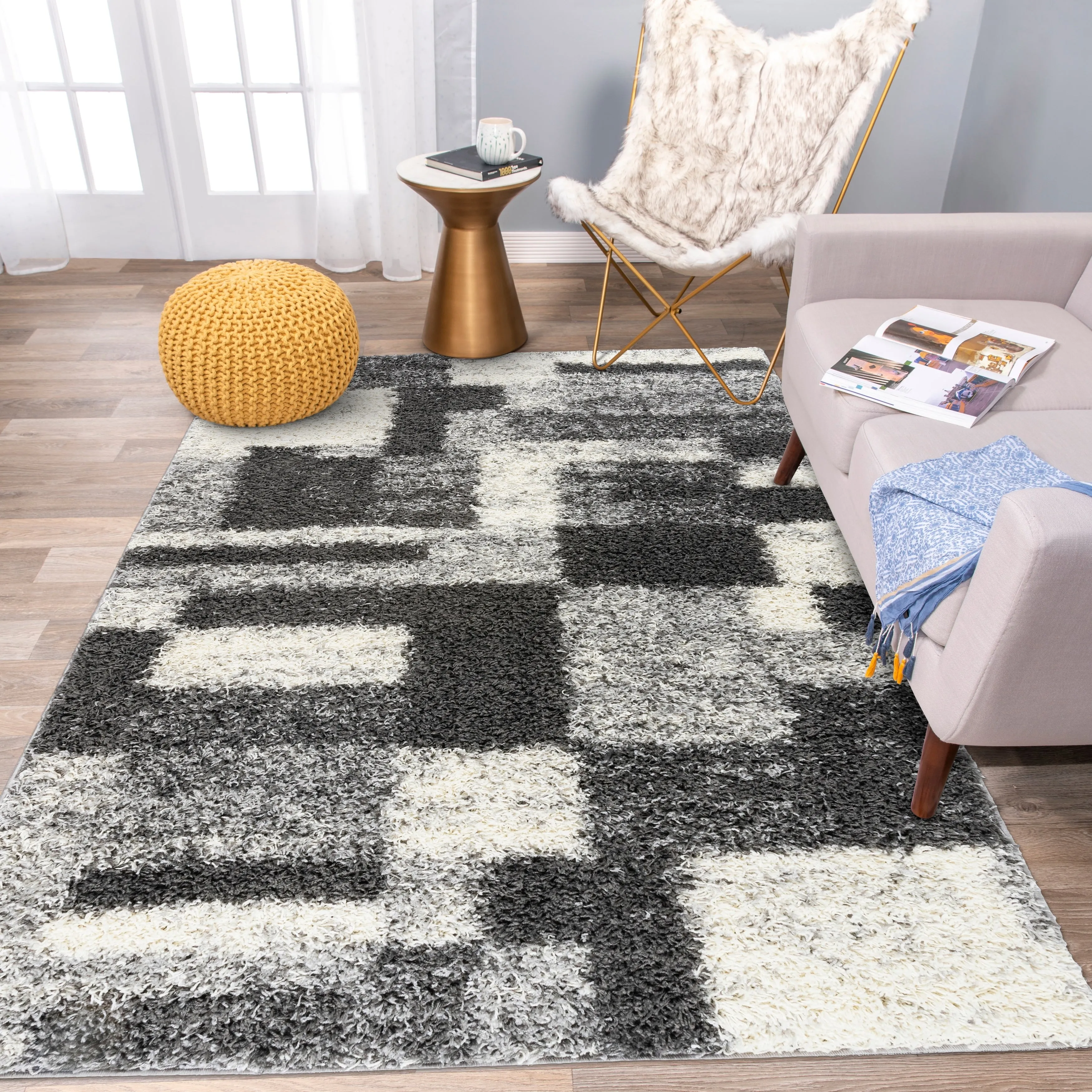 World Rug Gallery Distressed Modern Boxes Plush Shag Area Rug