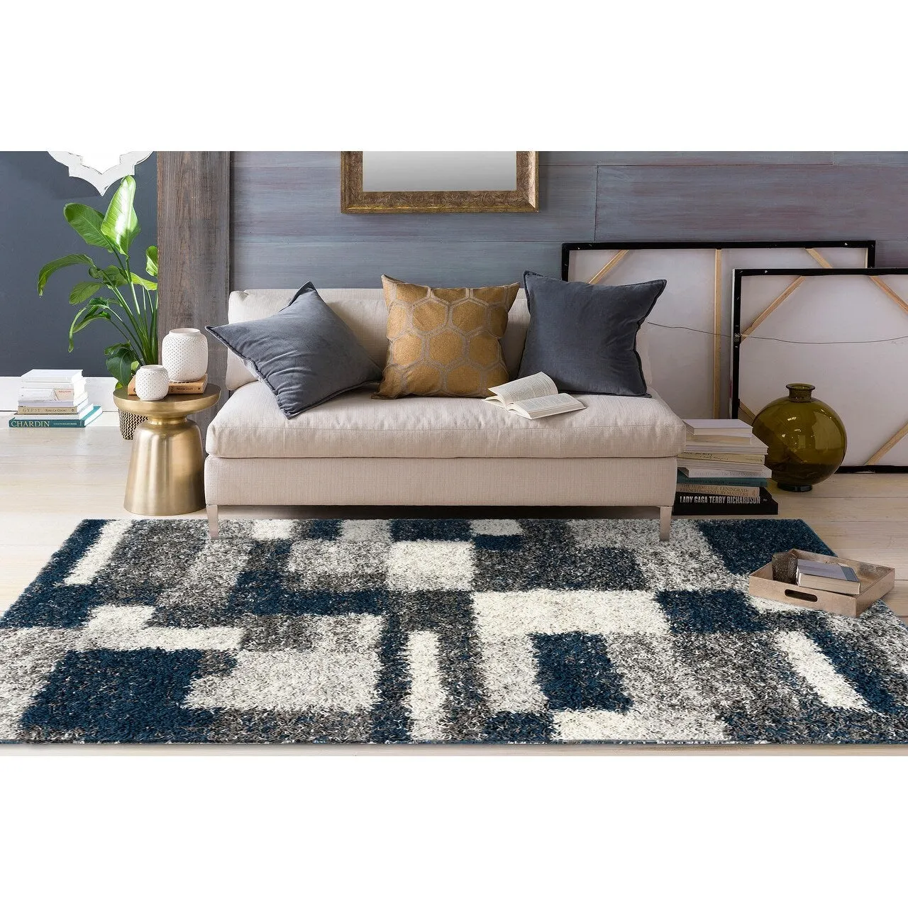 World Rug Gallery Distressed Modern Boxes Plush Shag Area Rug