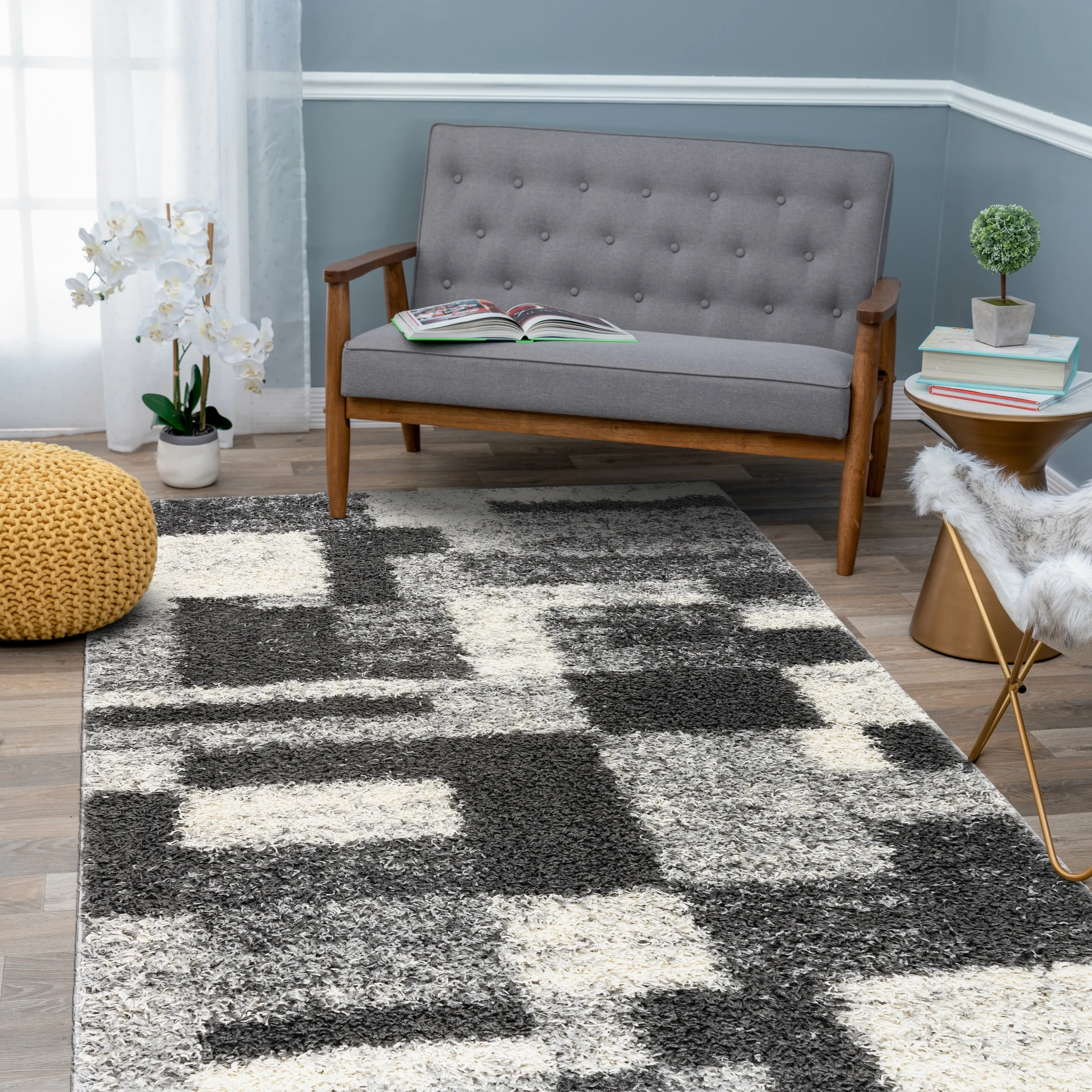World Rug Gallery Distressed Modern Boxes Plush Shag Area Rug