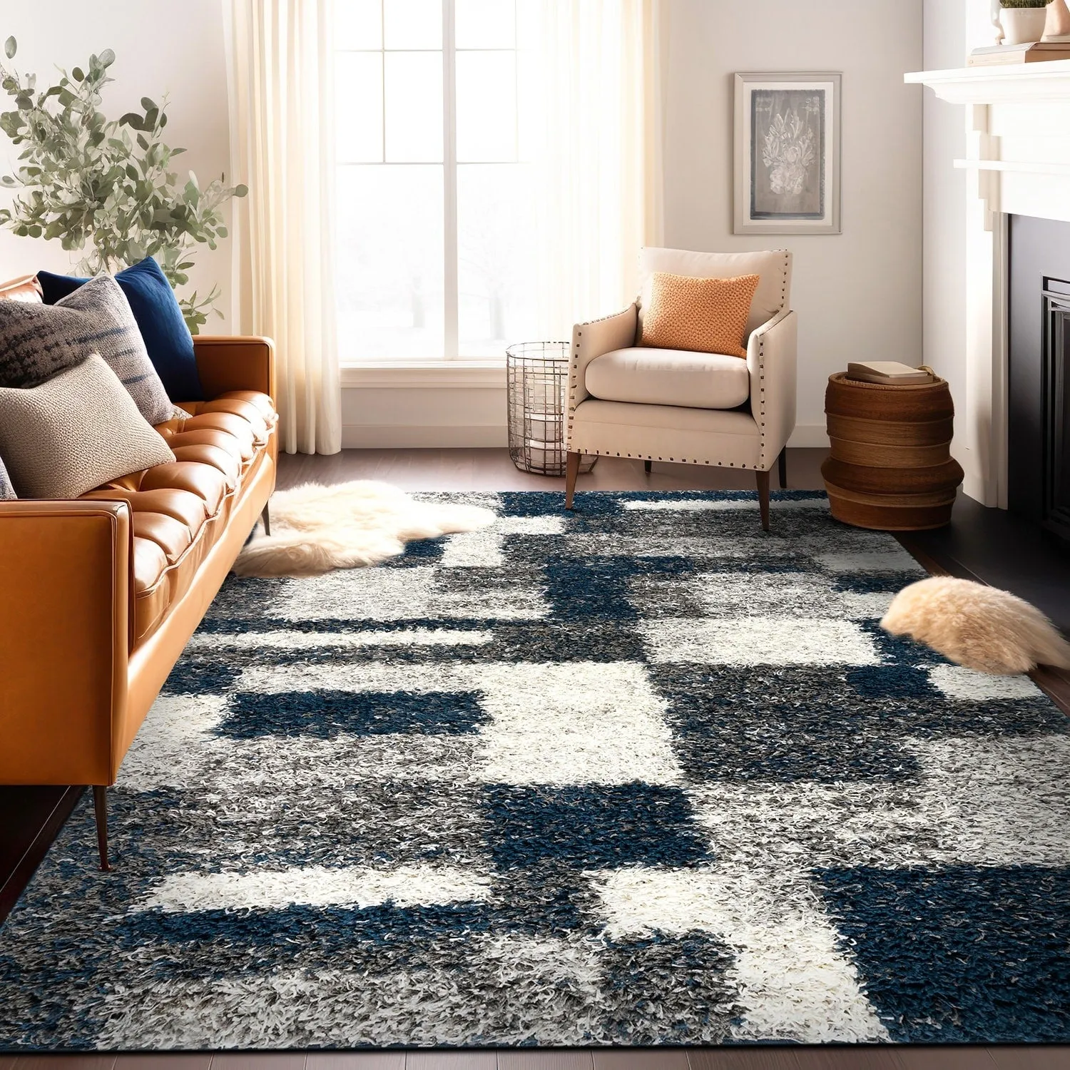 World Rug Gallery Distressed Modern Boxes Plush Shag Area Rug