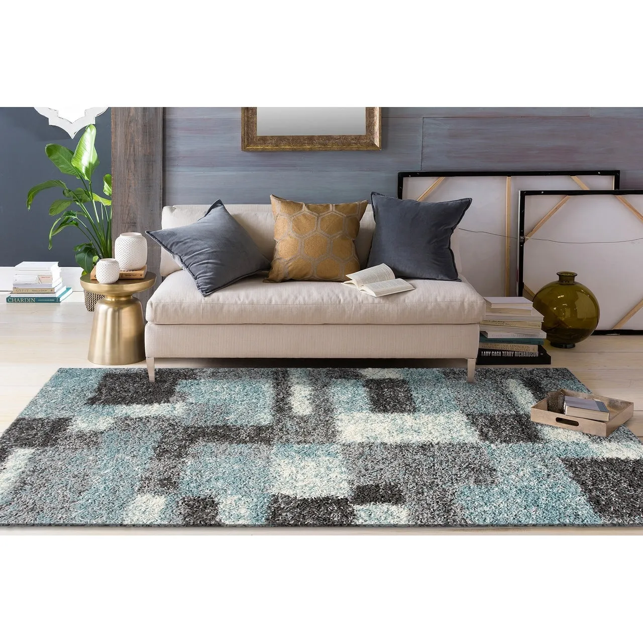 World Rug Gallery Distressed Modern Boxes Plush Shag Area Rug
