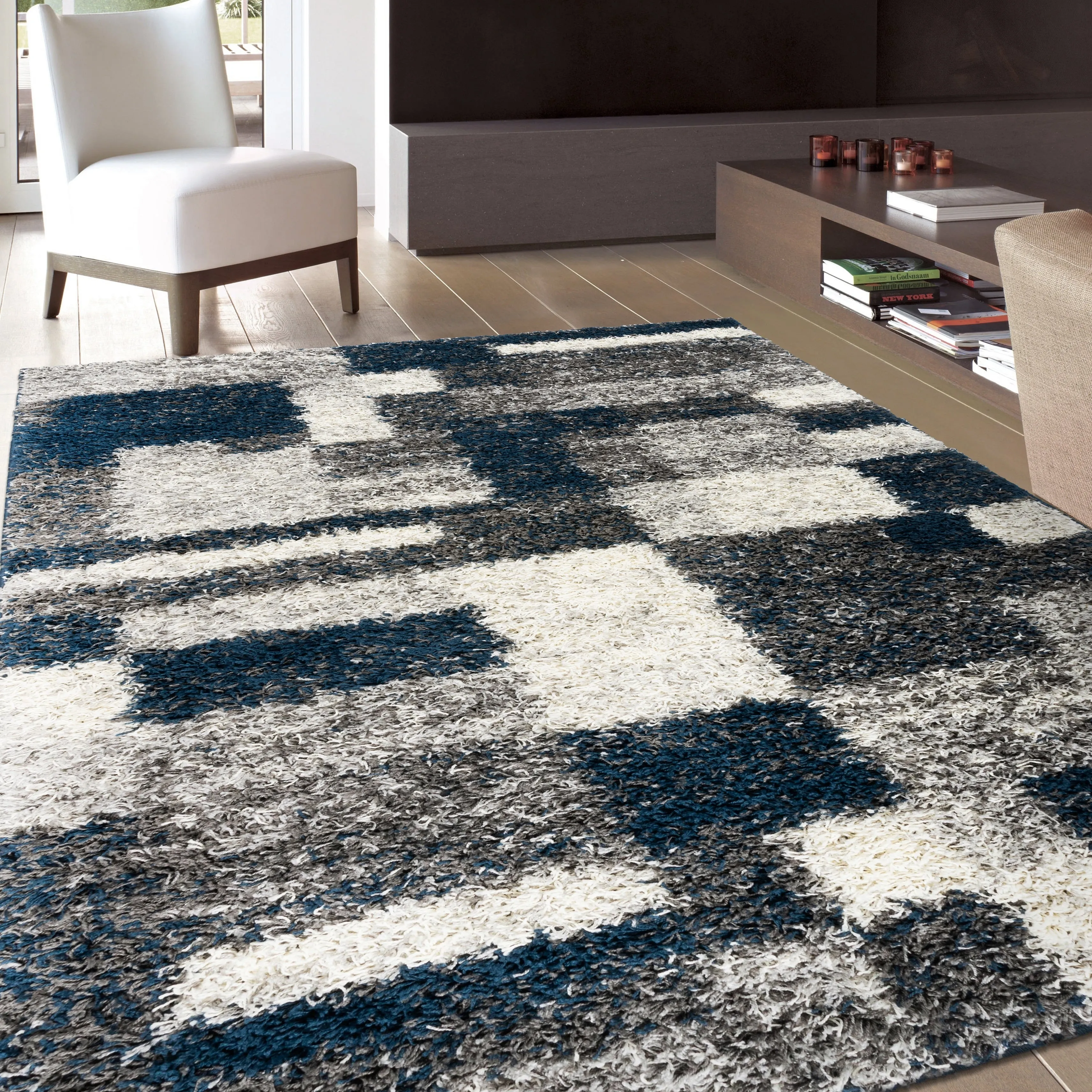 World Rug Gallery Distressed Modern Boxes Plush Shag Area Rug