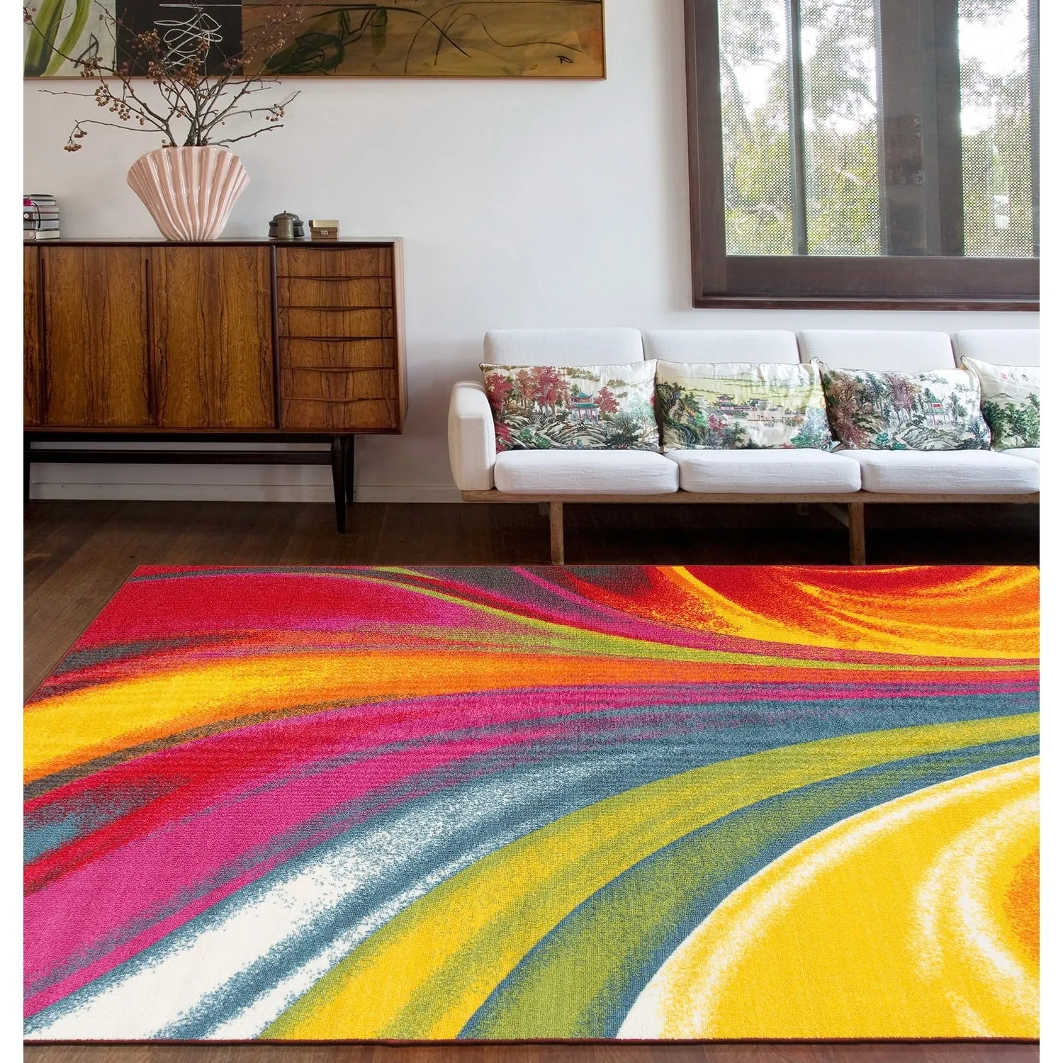 World Rug Gallery Modern Contemporary Waves Multicolored Non-slip Non-skid Area Rug