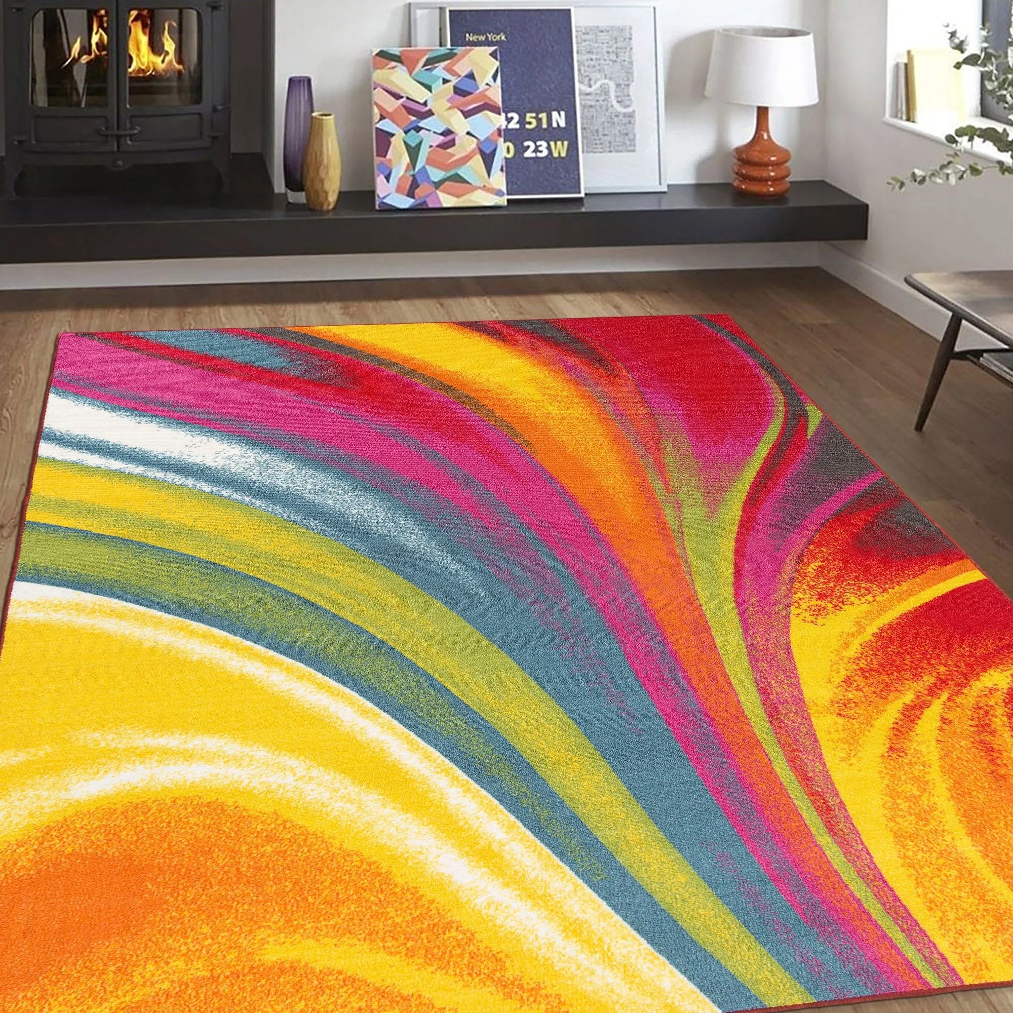 World Rug Gallery Modern Contemporary Waves Multicolored Non-slip Non-skid Area Rug