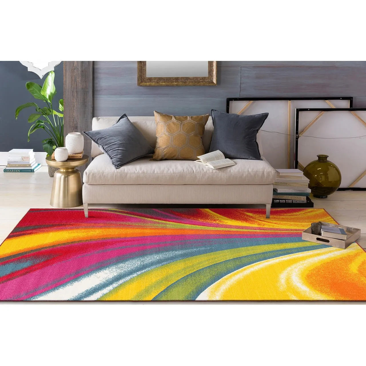 World Rug Gallery Modern Contemporary Waves Multicolored Non-slip Non-skid Area Rug