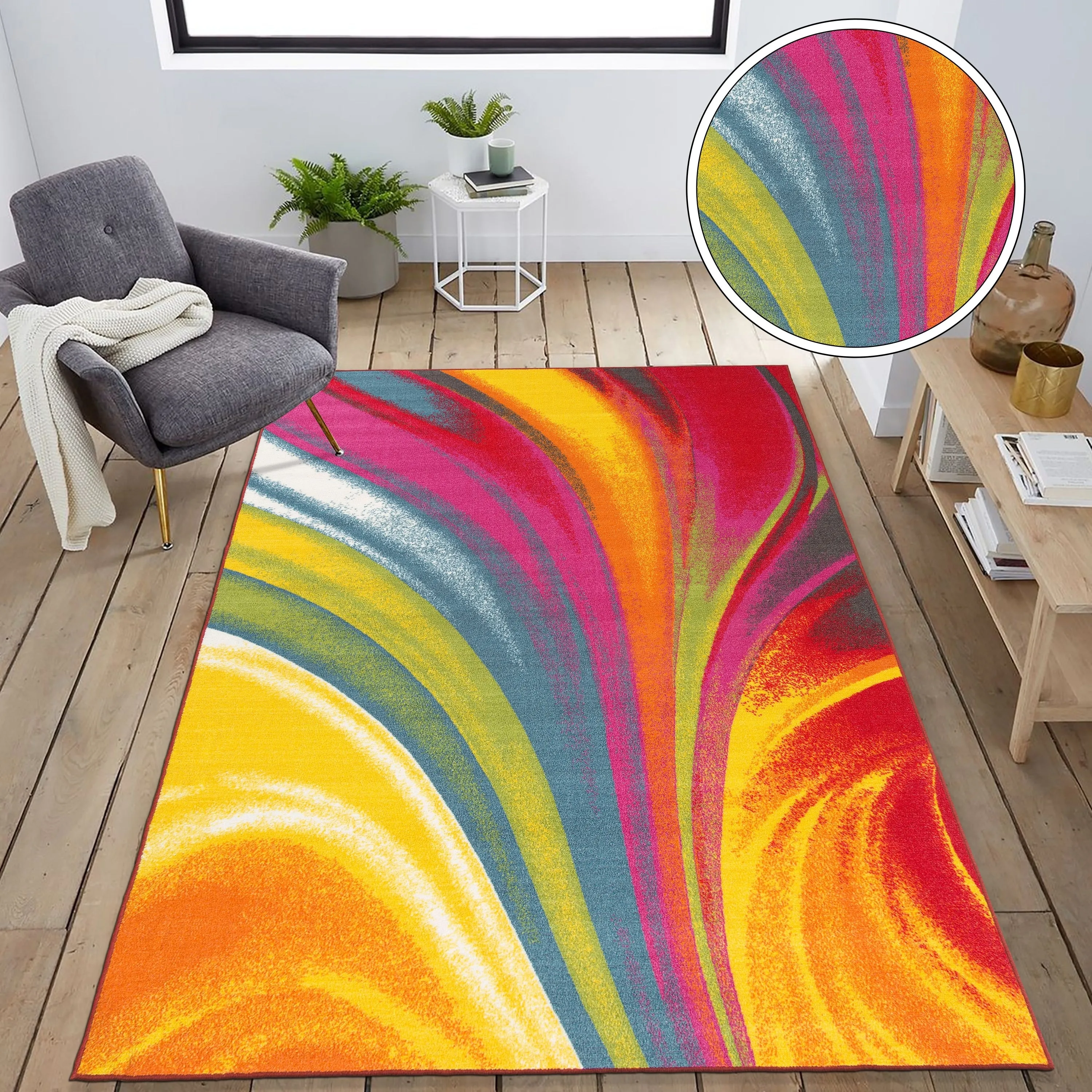 World Rug Gallery Modern Contemporary Waves Multicolored Non-slip Non-skid Area Rug