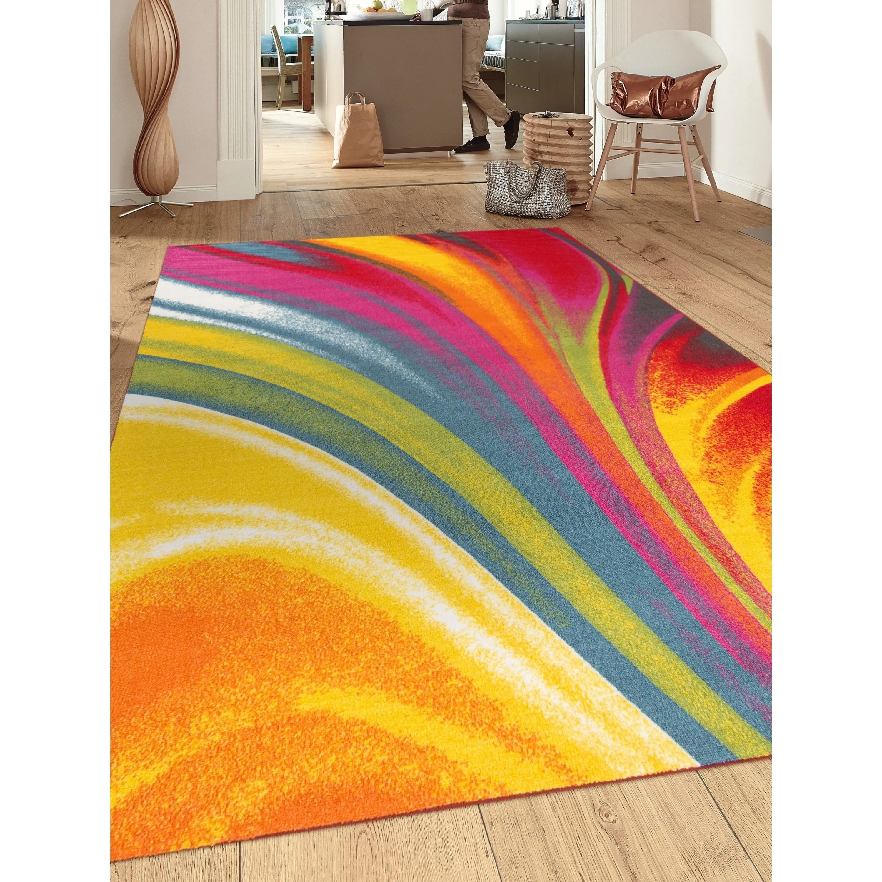 World Rug Gallery Modern Contemporary Waves Multicolored Non-slip Non-skid Area Rug
