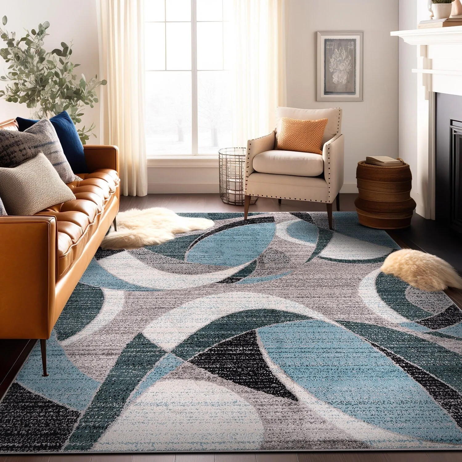 World Rug Gallery Modern Geometric Circular Harmony Blue Area Rug