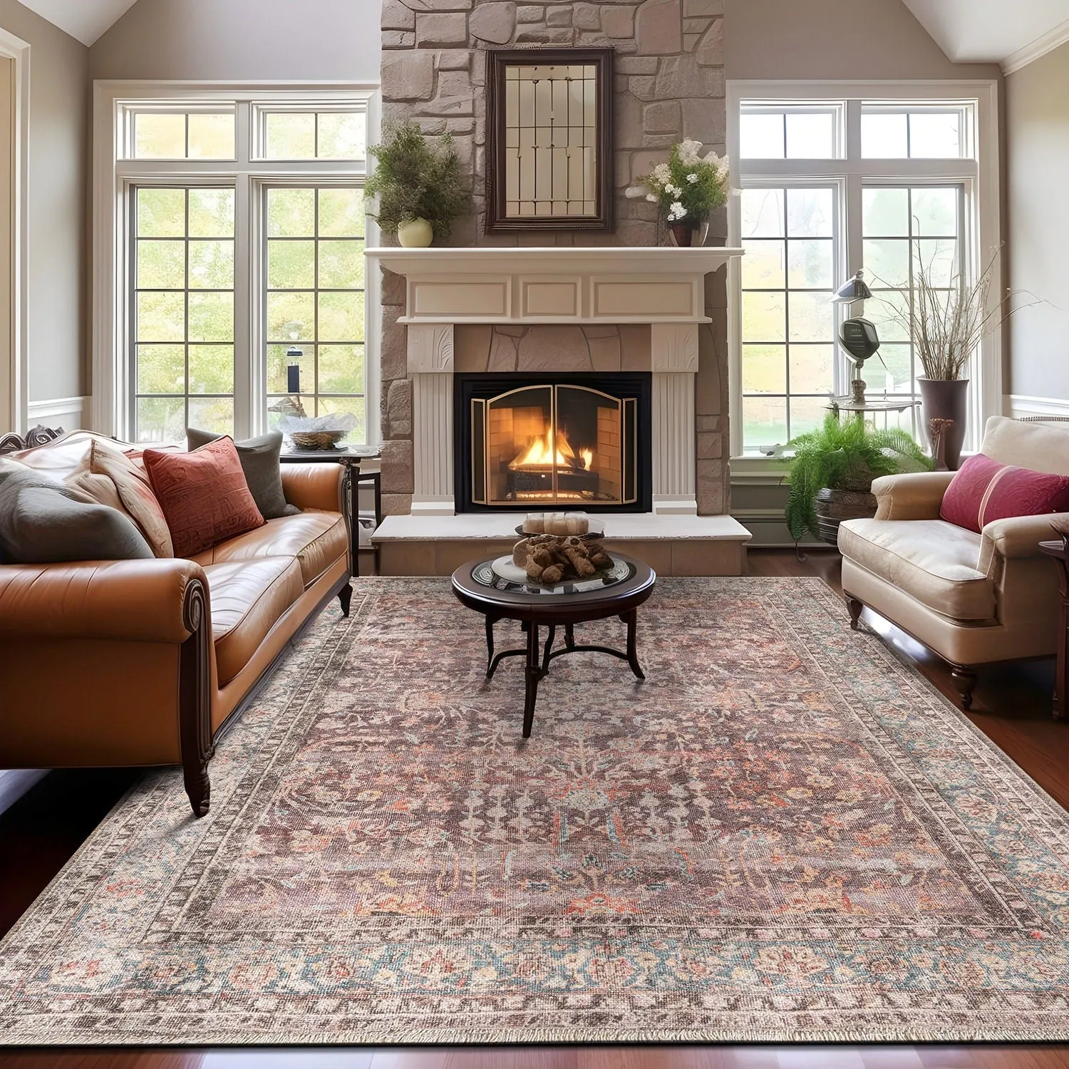 World Rug Gallery Vintage Distressed Bordered Machine Washable Area Rug