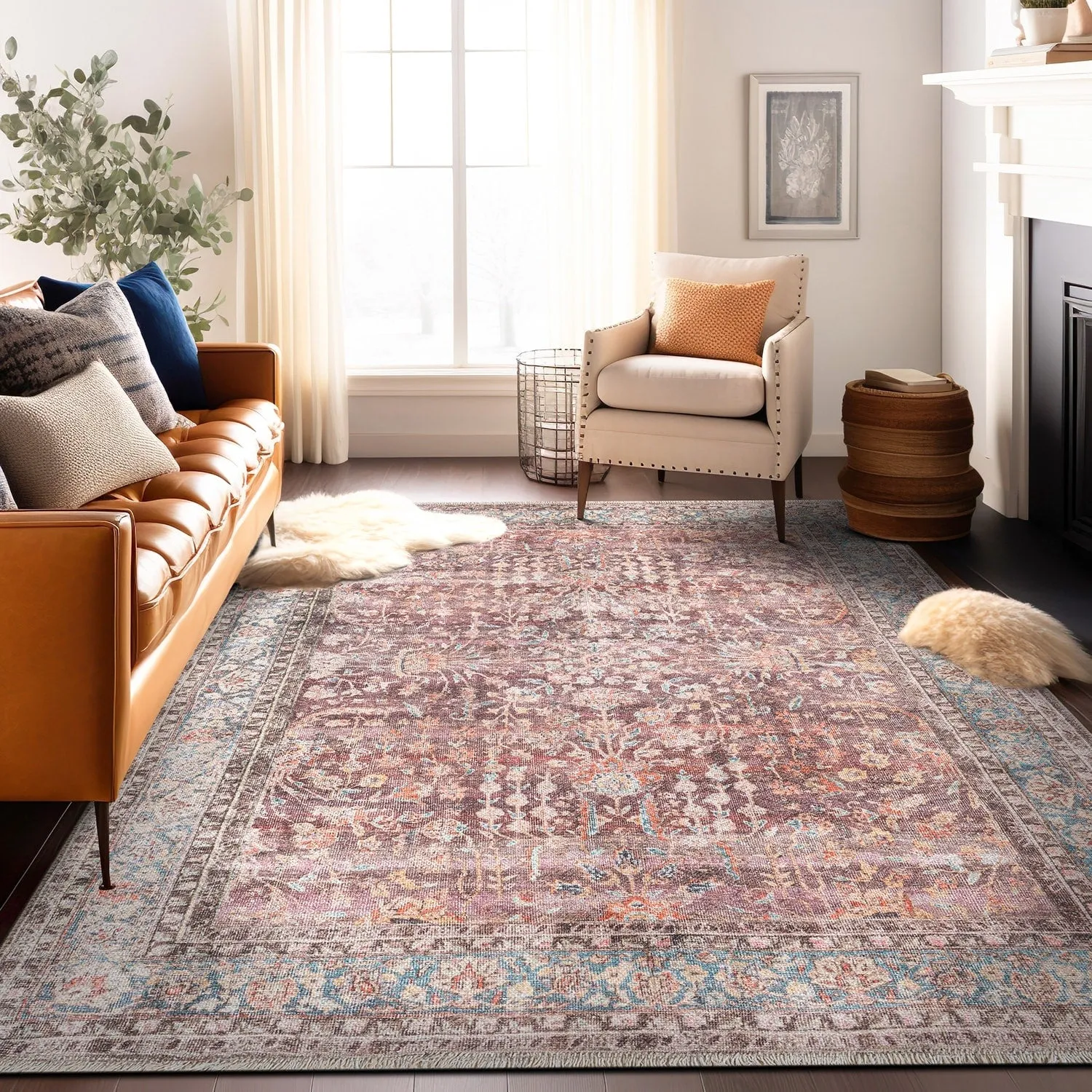 World Rug Gallery Vintage Distressed Bordered Machine Washable Area Rug